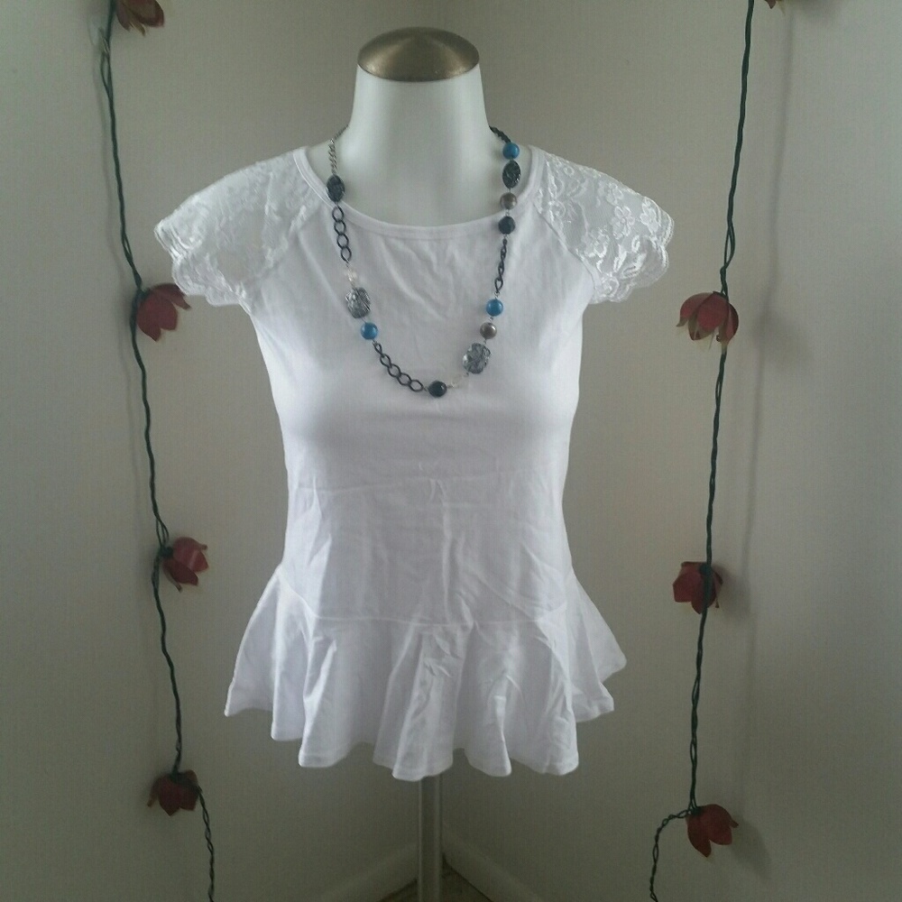 Peplum White Top with Lace Detail